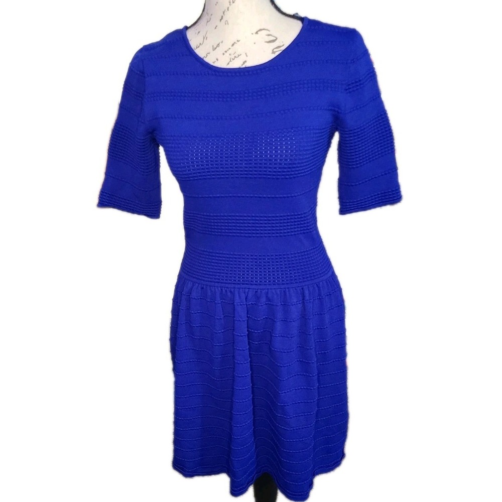 Eliza J‎ Royal Blue Textured Knit Fit & Flare Dress Womens Size Small Stretch